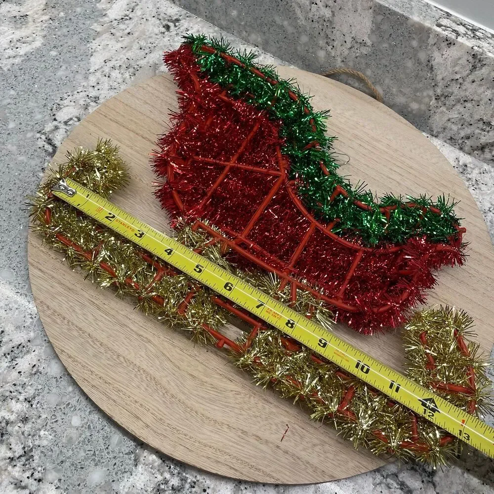 Vintage Tinsel Garland Wrapped Sleigh Frame w/ Snowflakes Christmas Decoration